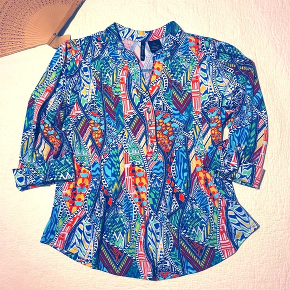 New Directions Top Colorful Roll Sleeve Stretch PS - Picture 1 of 5